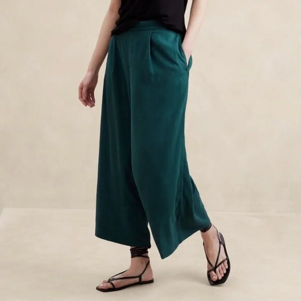New BR Linen Blend Wide Leg Cropped Pants Teal XXS
